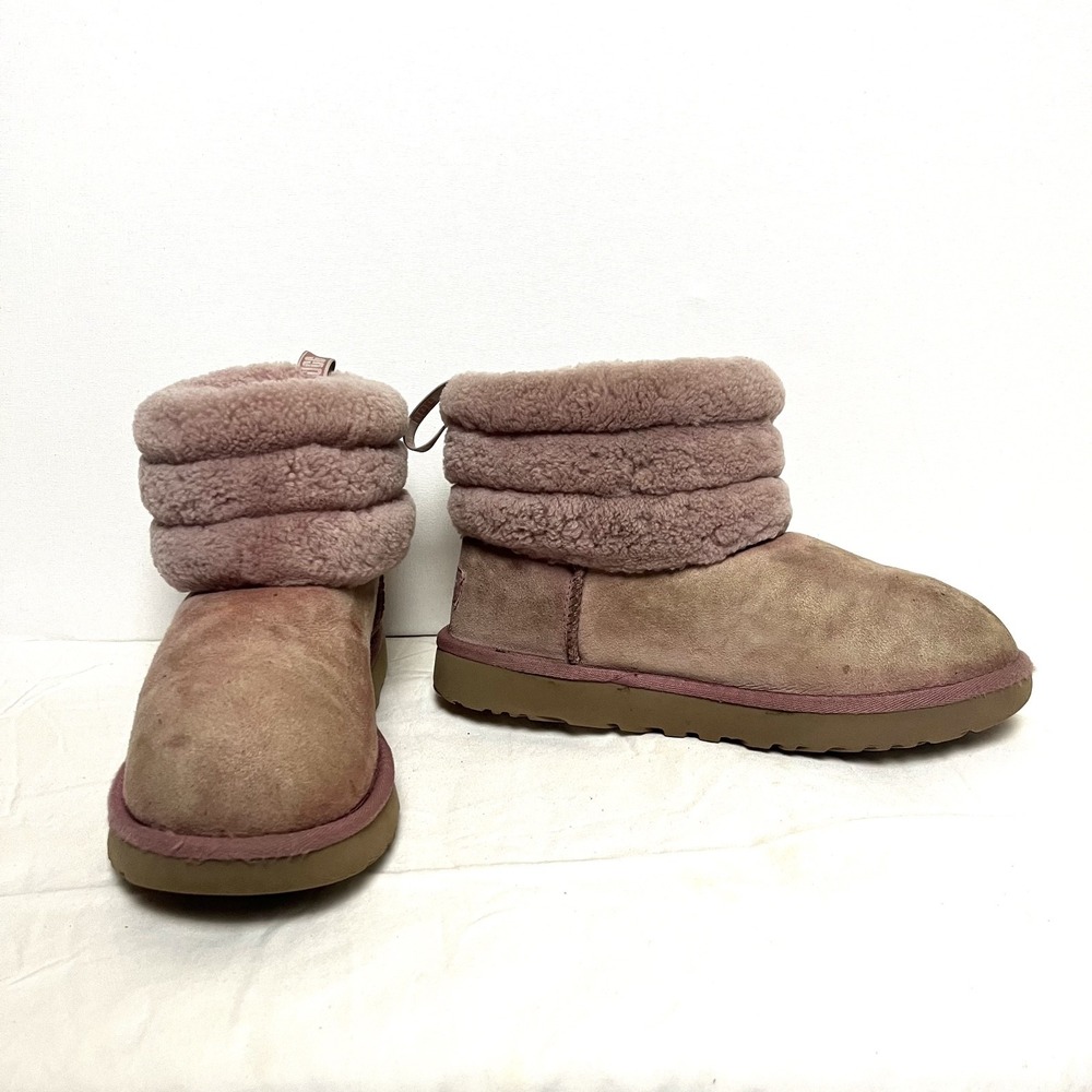 UGG Fluff Mini Quilted Boots Women's 8 Pink Dawn Sheepskin Ankle Booties 1098533